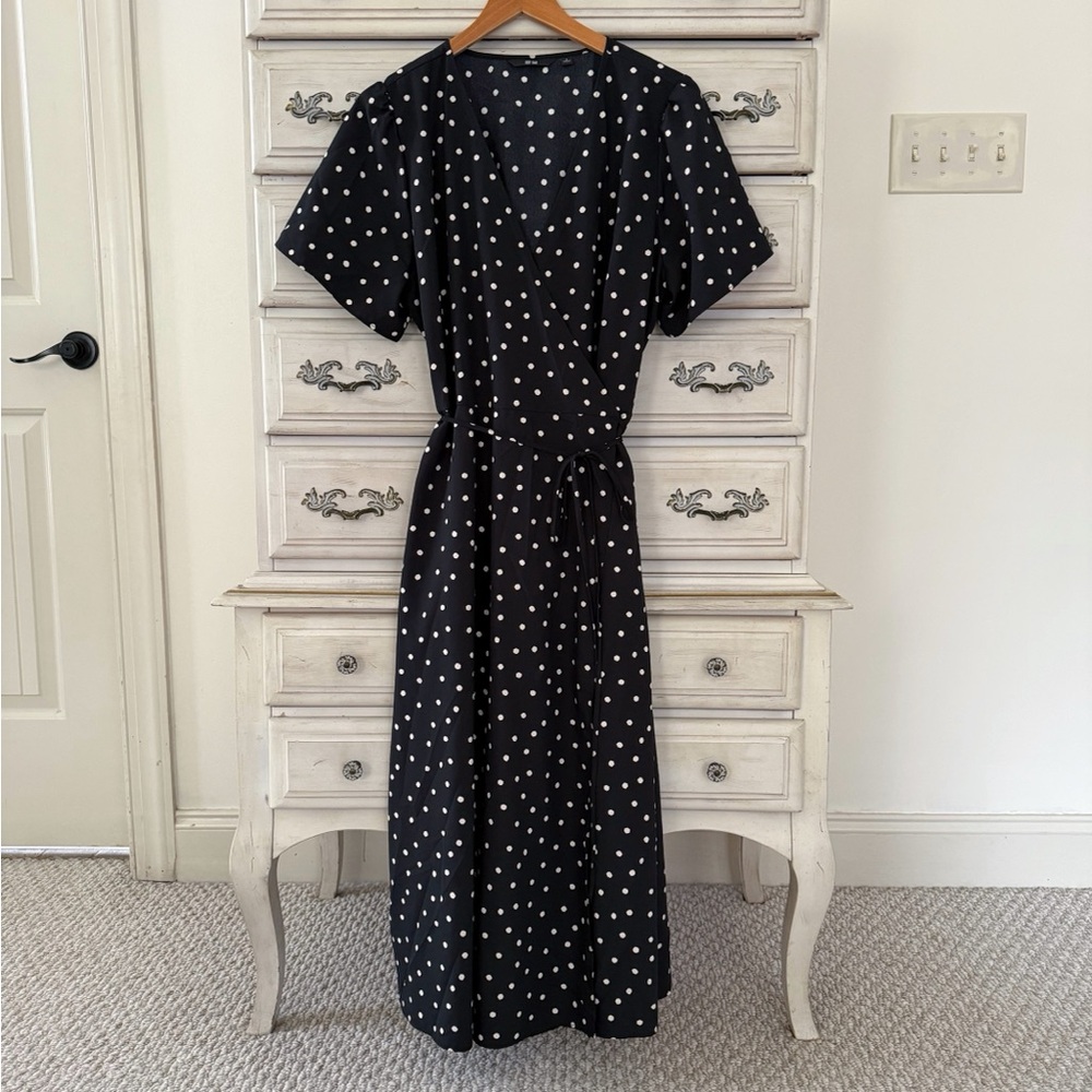 Uniqlo Black Polka Dot Wrap Midi Dress